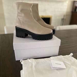 Frame Denim Beige Leather Platform Ankle Boots with Black Lug Sole